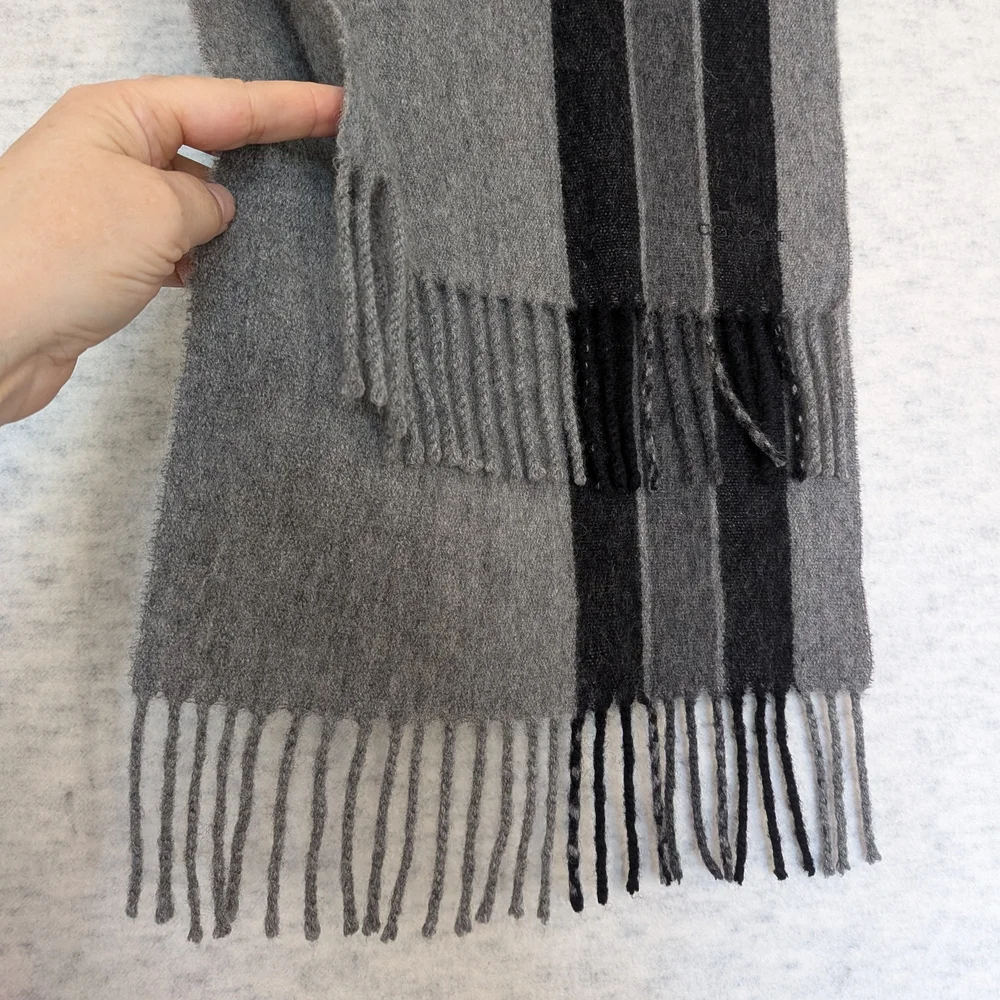 COACH 90/10 Wool & Cashmere Striped Fringe Scarf - Grey/Black